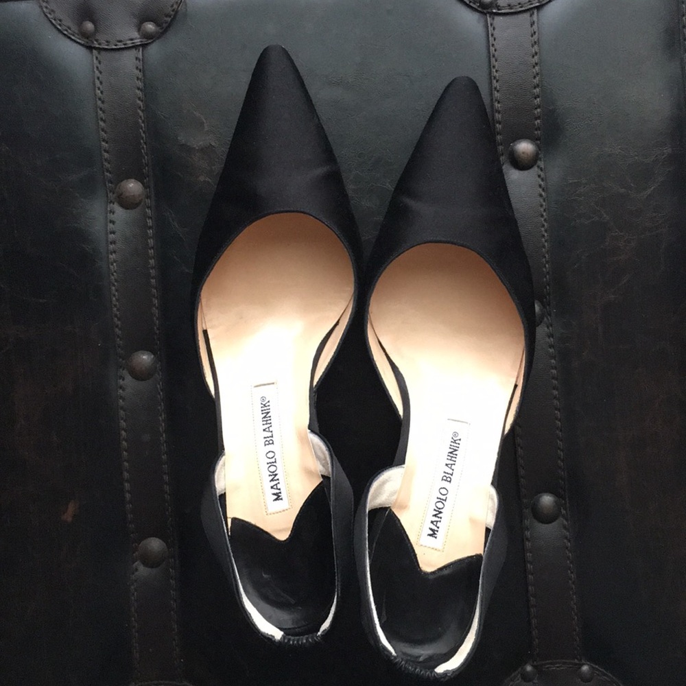 Manolo Blahnik black satin sling back pumps